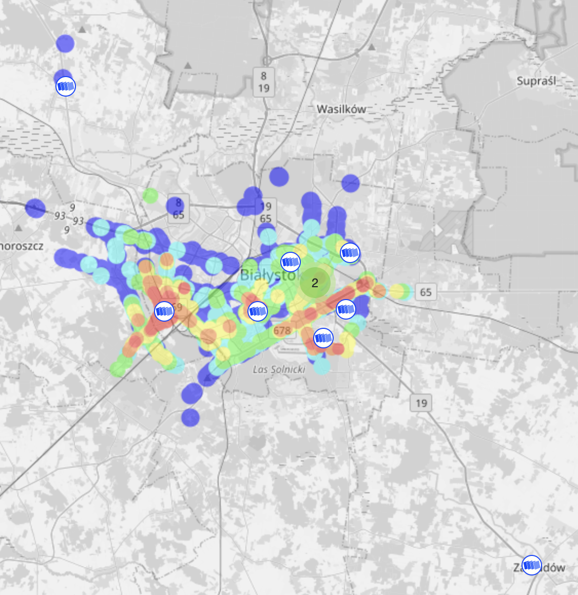 Mapa zasięgu sieci LoRaWAN w Białymstoku